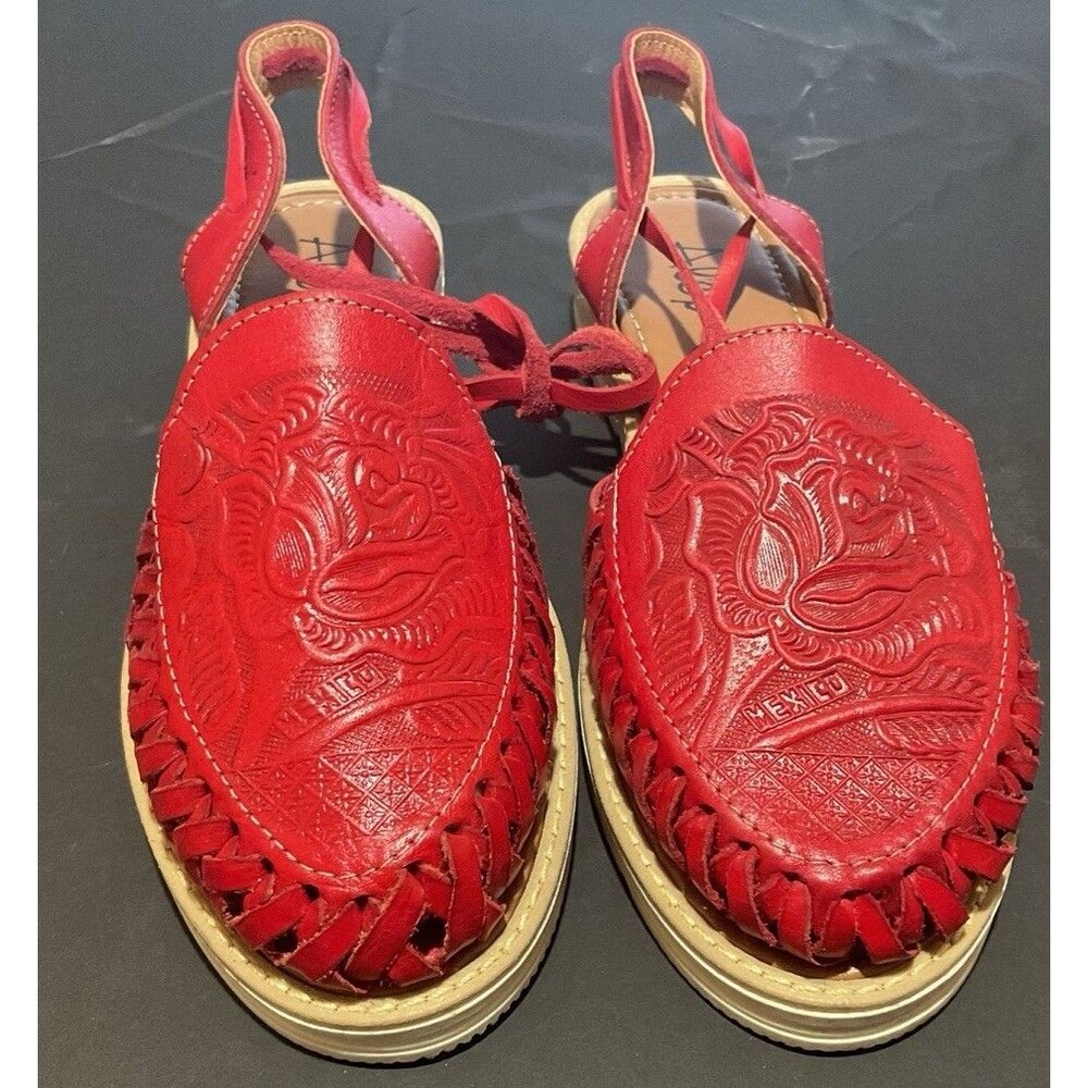 Mexican Huaraches Women Sandals Size 10 Red Rose Design Leather